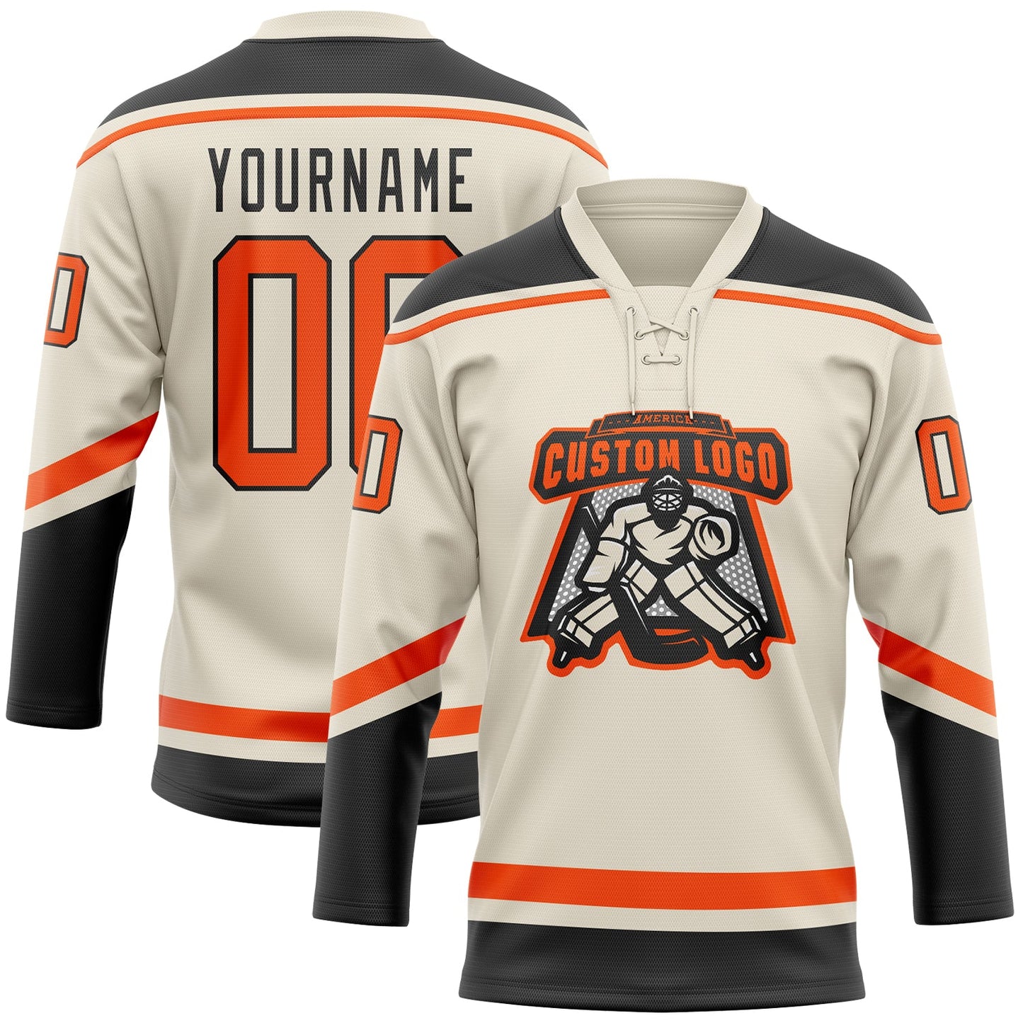 Custom Cream Orange-Black Hockey Lace Neck Jersey view 2