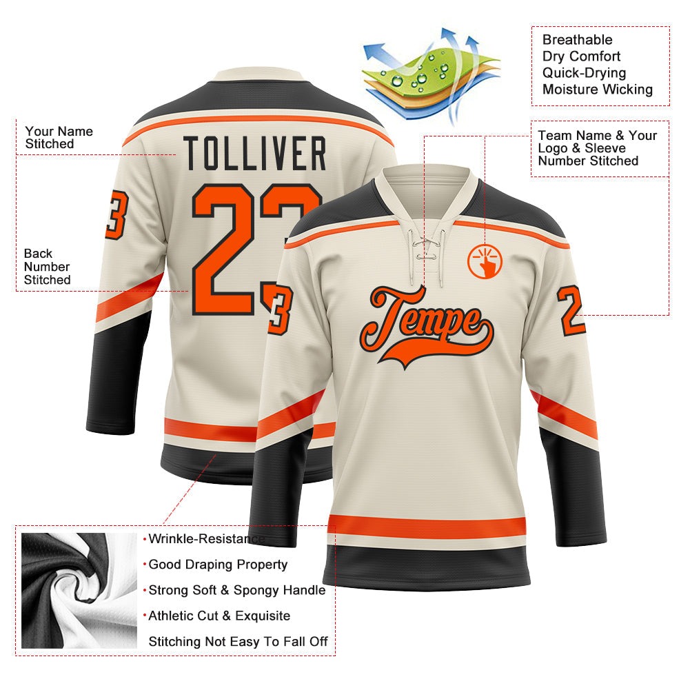 Custom Cream Orange-Black Hockey Lace Neck Jersey view 3