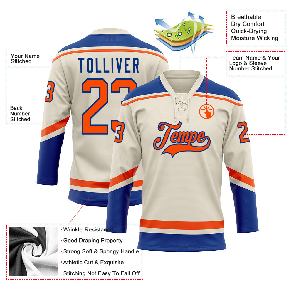 Custom Cream Orange-Royal Hockey Lace Neck Jersey view 3