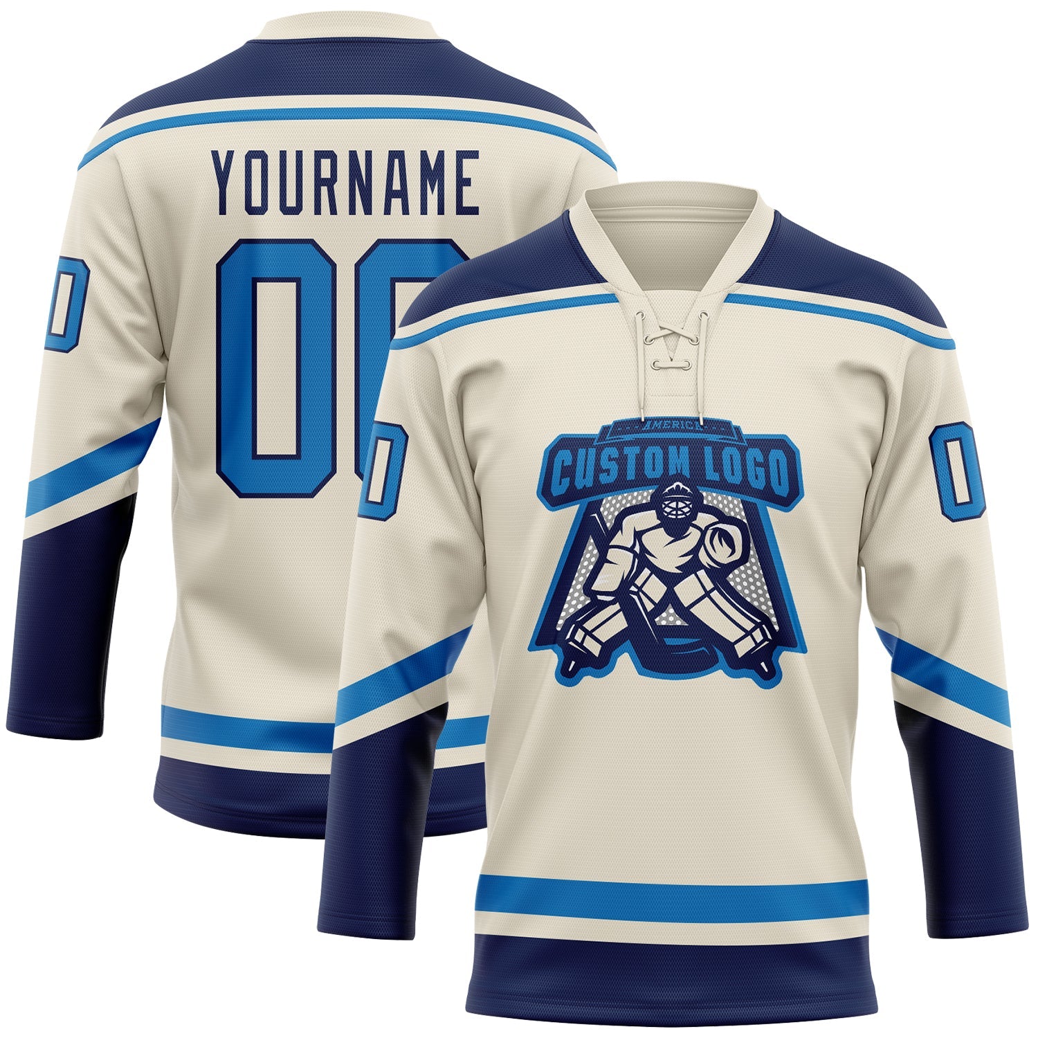 Custom Cream Blue-Navy Hockey Lace Neck Jersey view 2