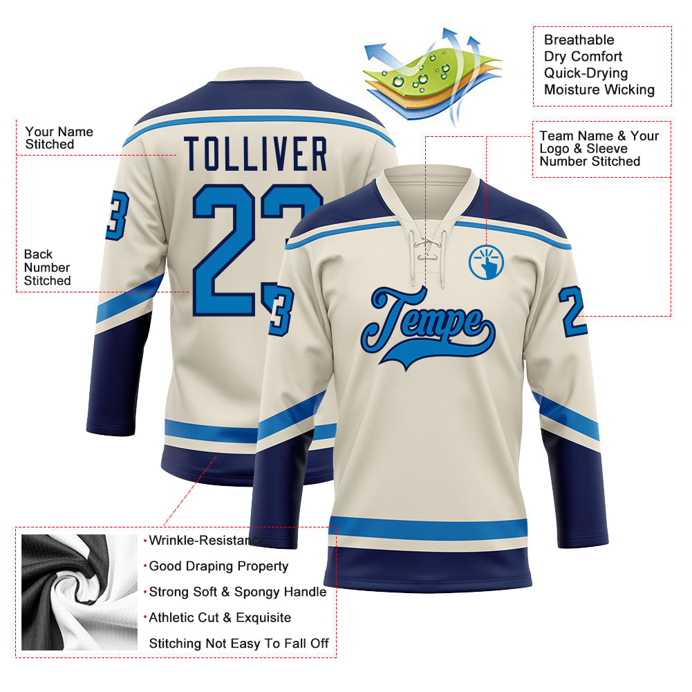 Custom Cream Blue-Navy Hockey Lace Neck Jersey view 3