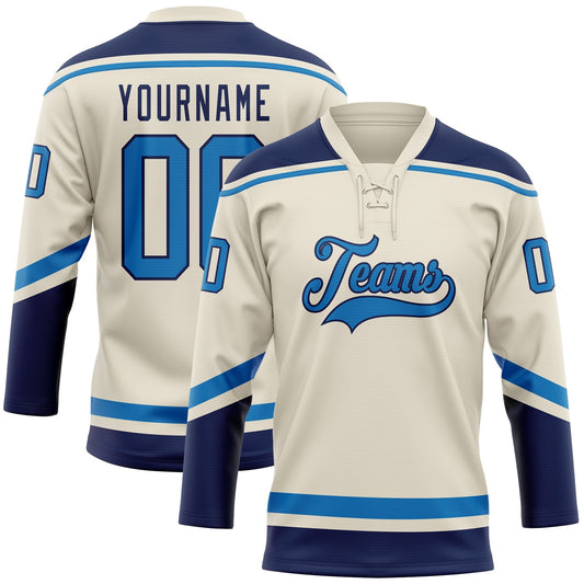 Custom Cream Blue-Navy Hockey Lace Neck Jersey - Main View