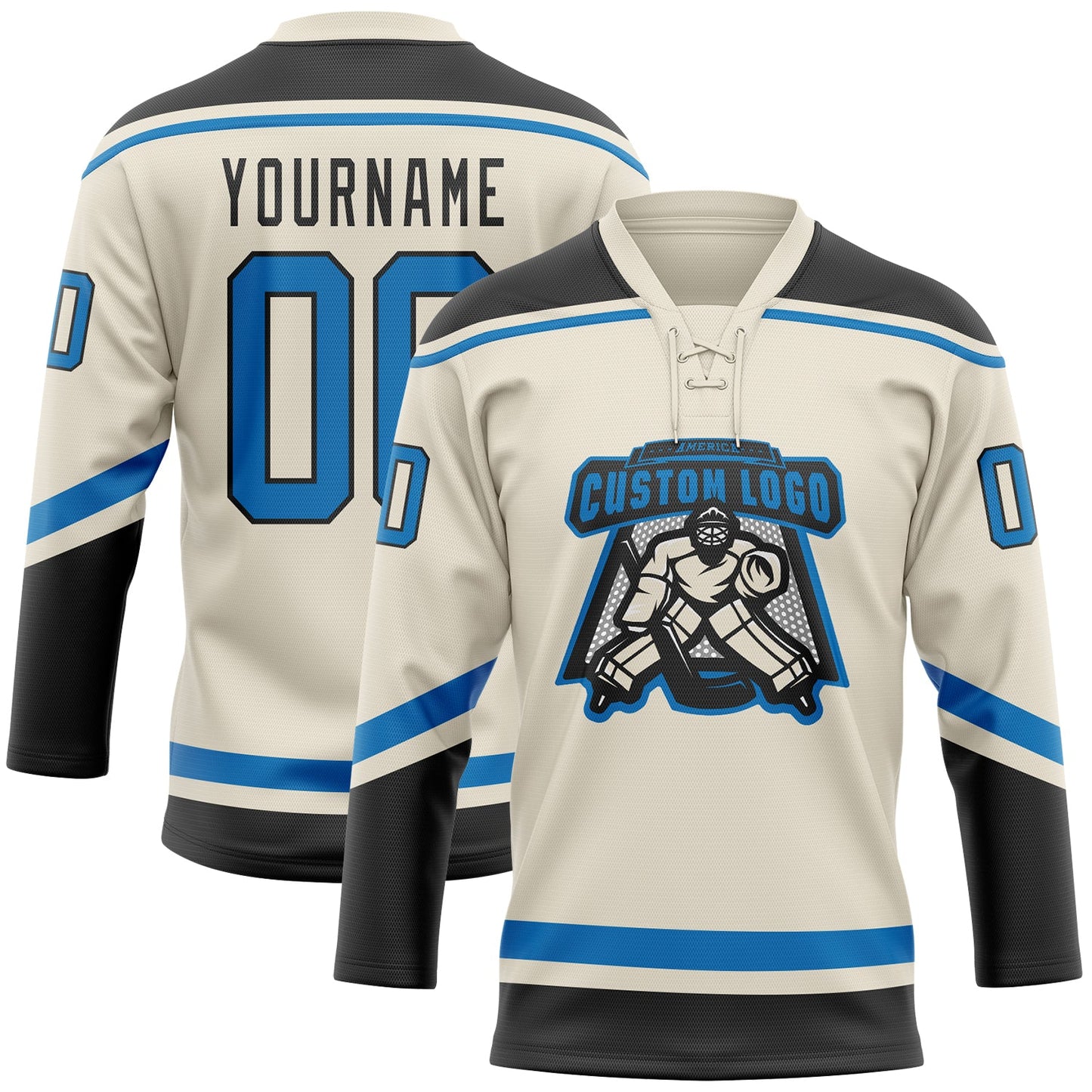 Custom Cream Blue-Black Hockey Lace Neck Jersey view 2