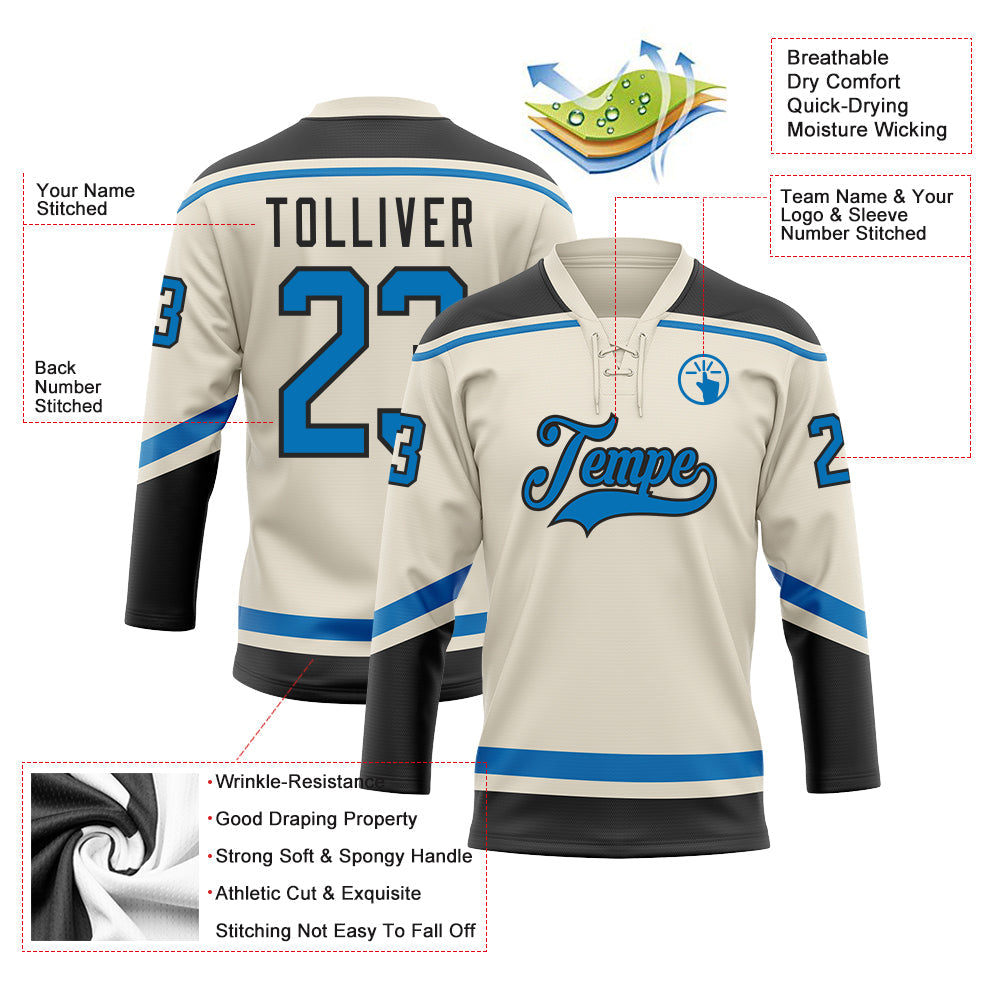 Custom Cream Blue-Black Hockey Lace Neck Jersey view 3