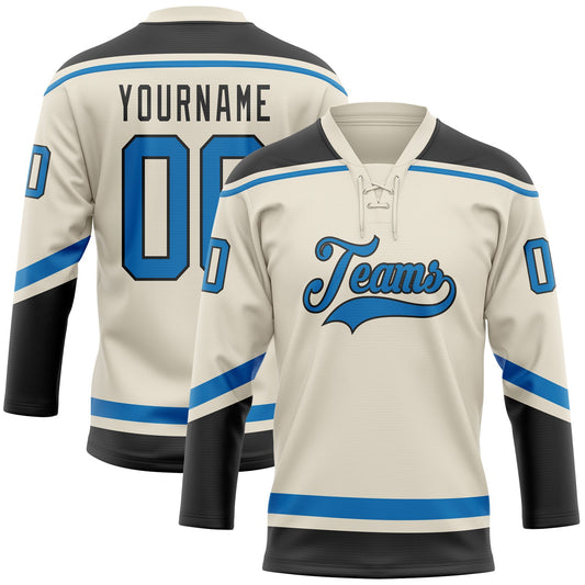Custom Cream Blue-Black Hockey Lace Neck Jersey - Main View