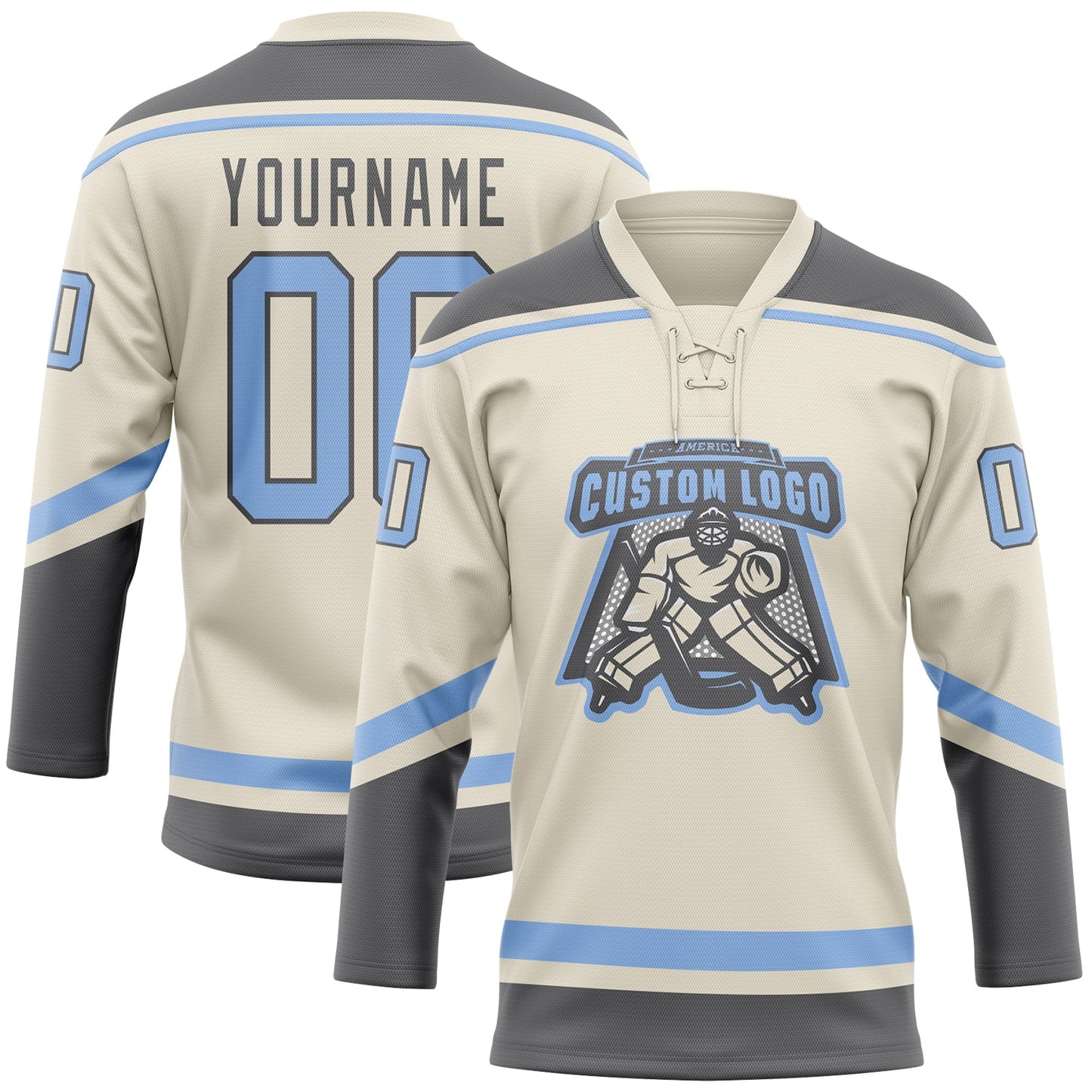 Custom Cream Light Blue-Steel Gray Hockey Lace Neck Jersey view 2