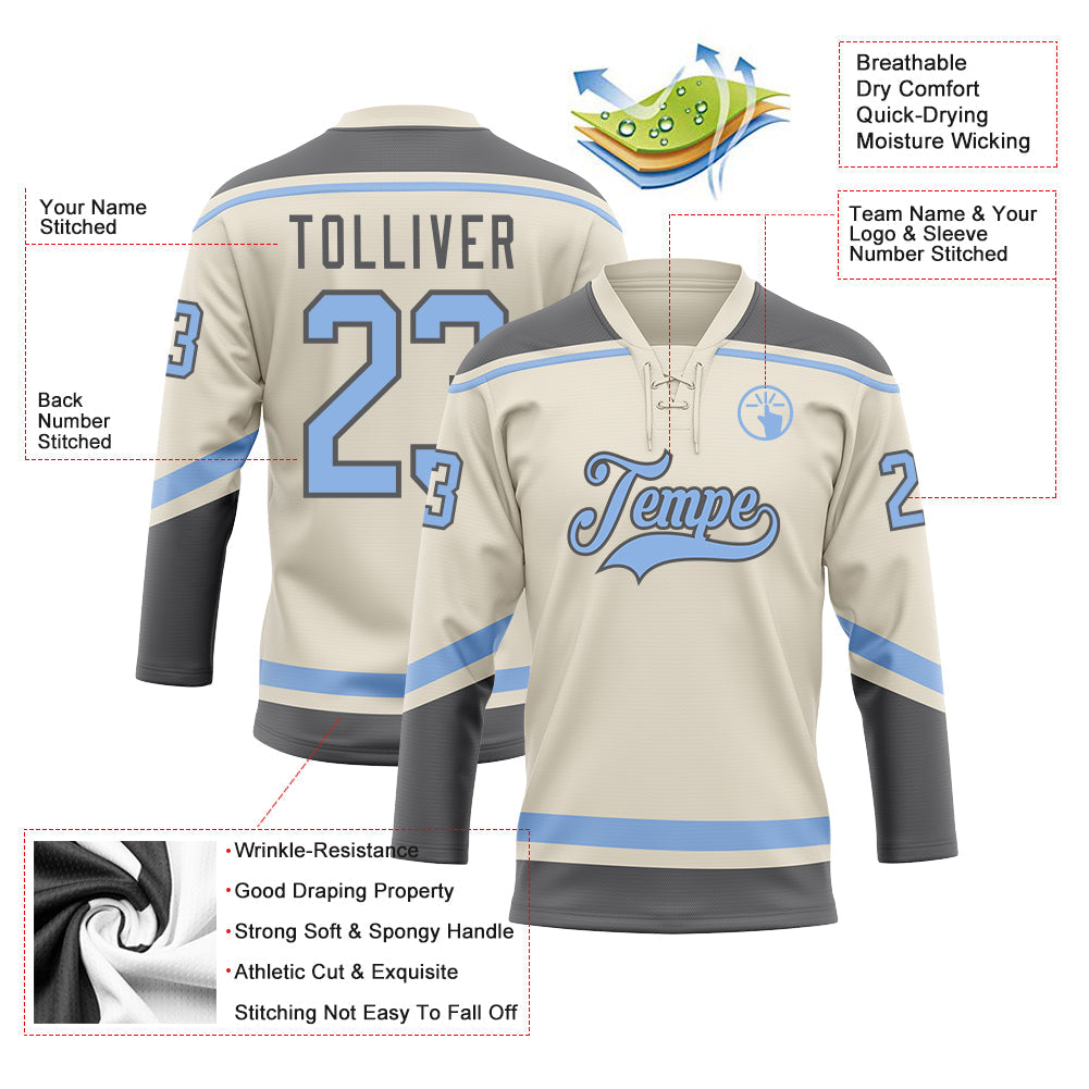 Custom Cream Light Blue-Steel Gray Hockey Lace Neck Jersey view 3