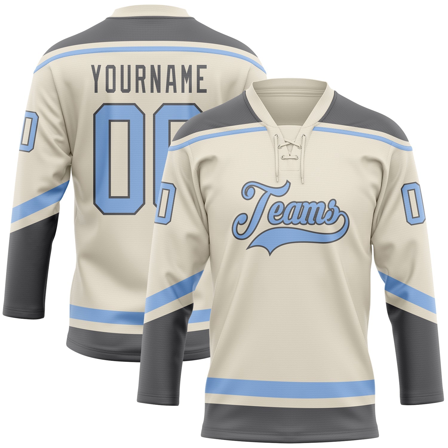 Custom Cream Light Blue-Steel Gray Hockey Lace Neck Jersey - Main View
