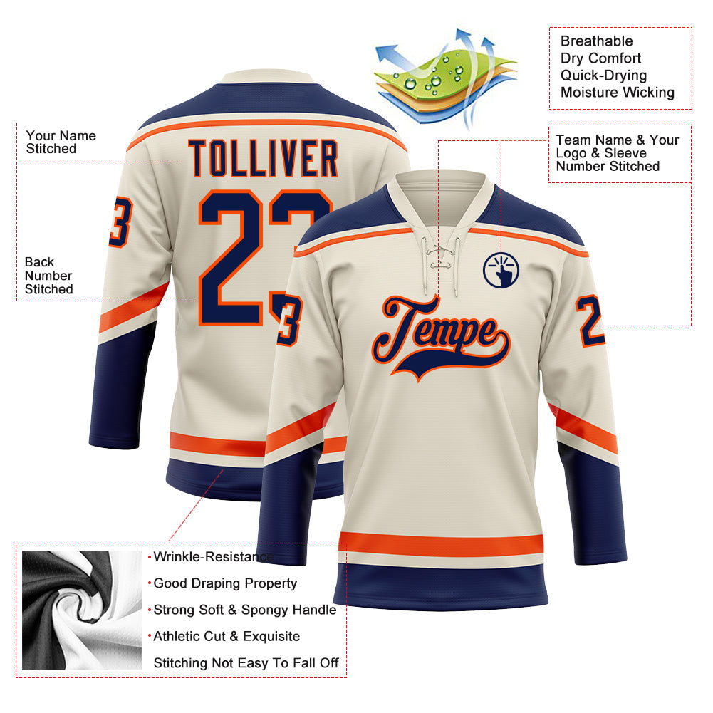 Custom Cream Navy-Orange Hockey Lace Neck Jersey view 3