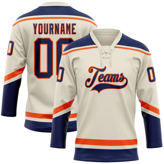 Custom Cream Navy-Orange Hockey Lace Neck Jersey - Main View