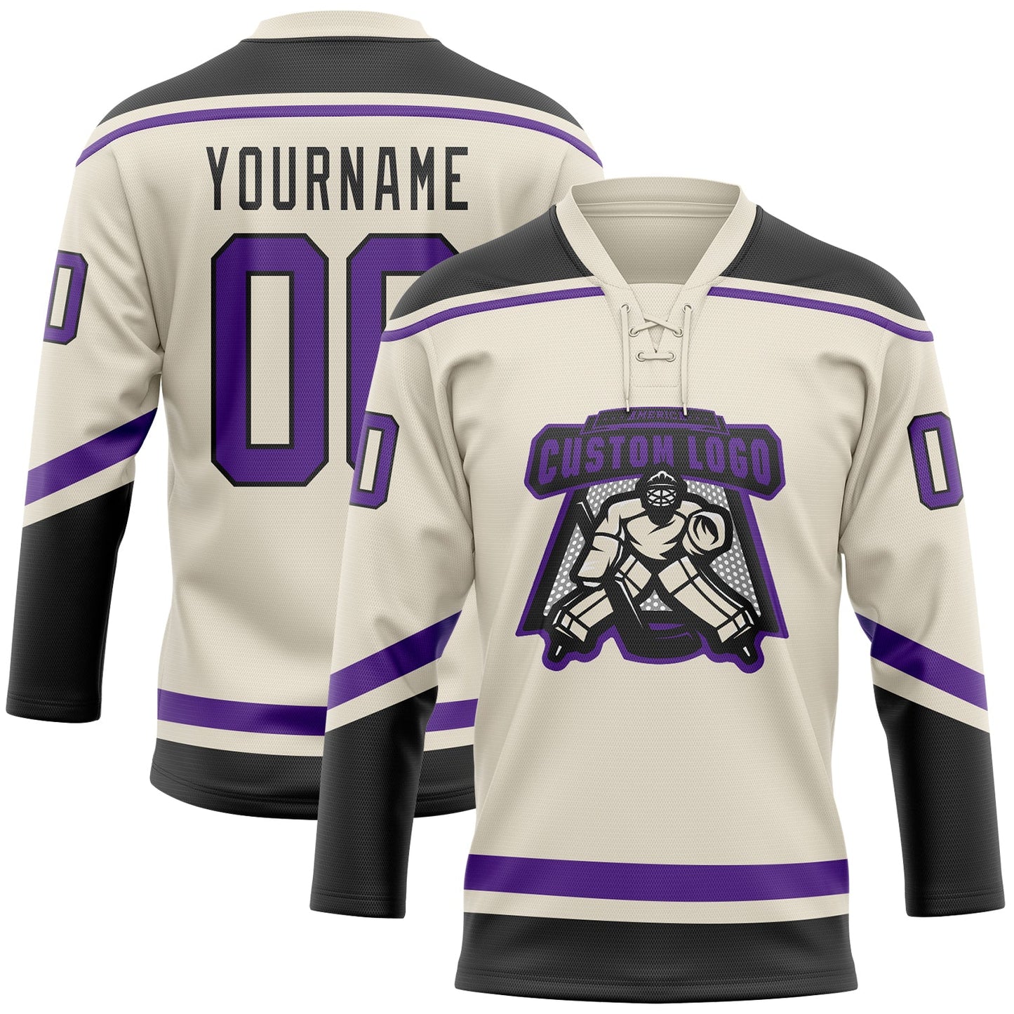 Custom Cream Purple-Black Hockey Lace Neck Jersey view 2