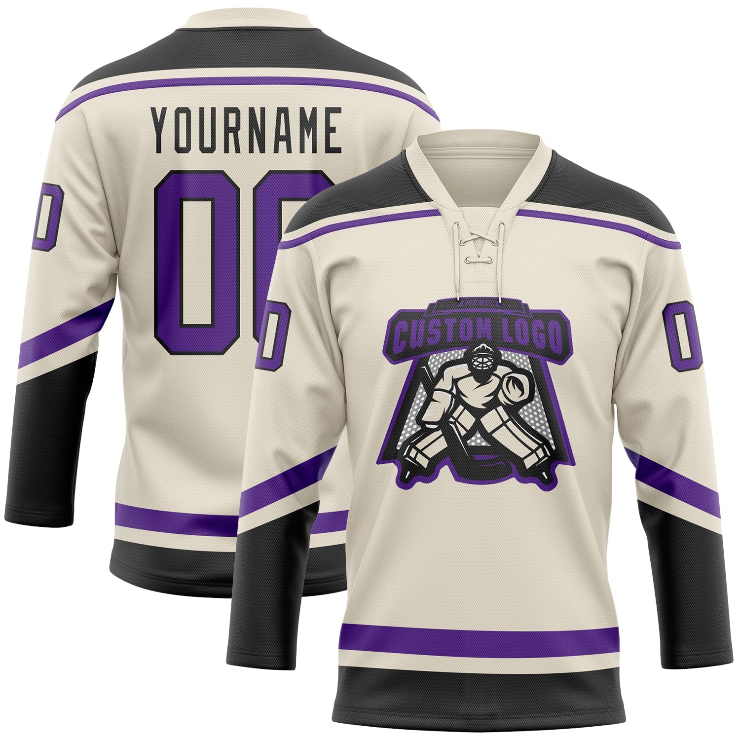 Custom Cream Purple-Black Hockey Lace Neck Jersey view 2