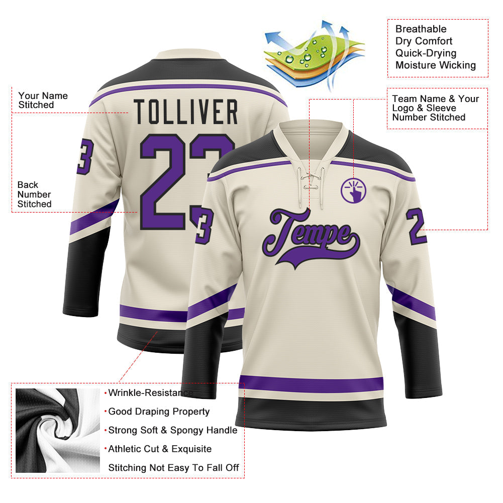 Custom Cream Purple-Black Hockey Lace Neck Jersey view 3
