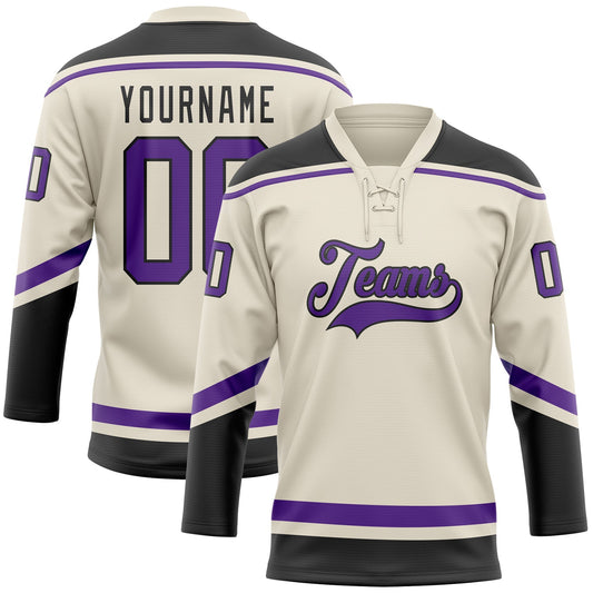 Custom Cream Purple-Black Hockey Lace Neck Jersey - Main View