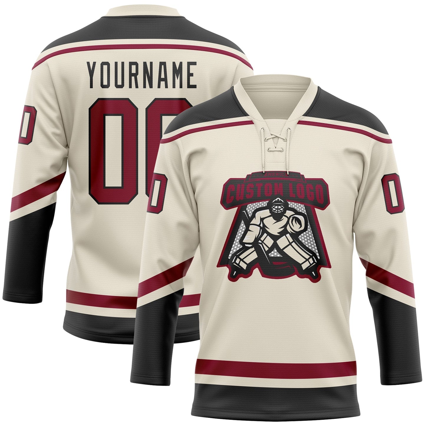 Custom Cream Maroon-Black Hockey Lace Neck Jersey view 2