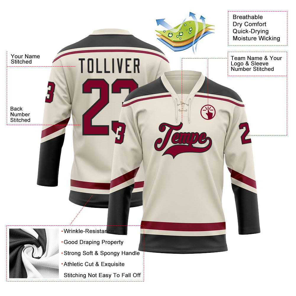 Custom Cream Maroon-Black Hockey Lace Neck Jersey view 3