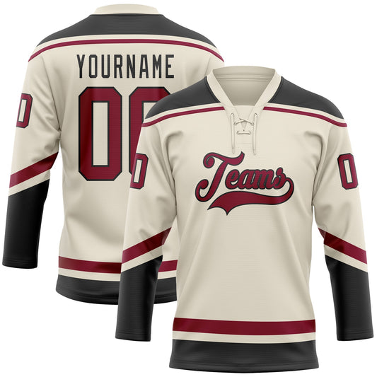 Custom Cream Maroon-Black Hockey Lace Neck Jersey - Main View