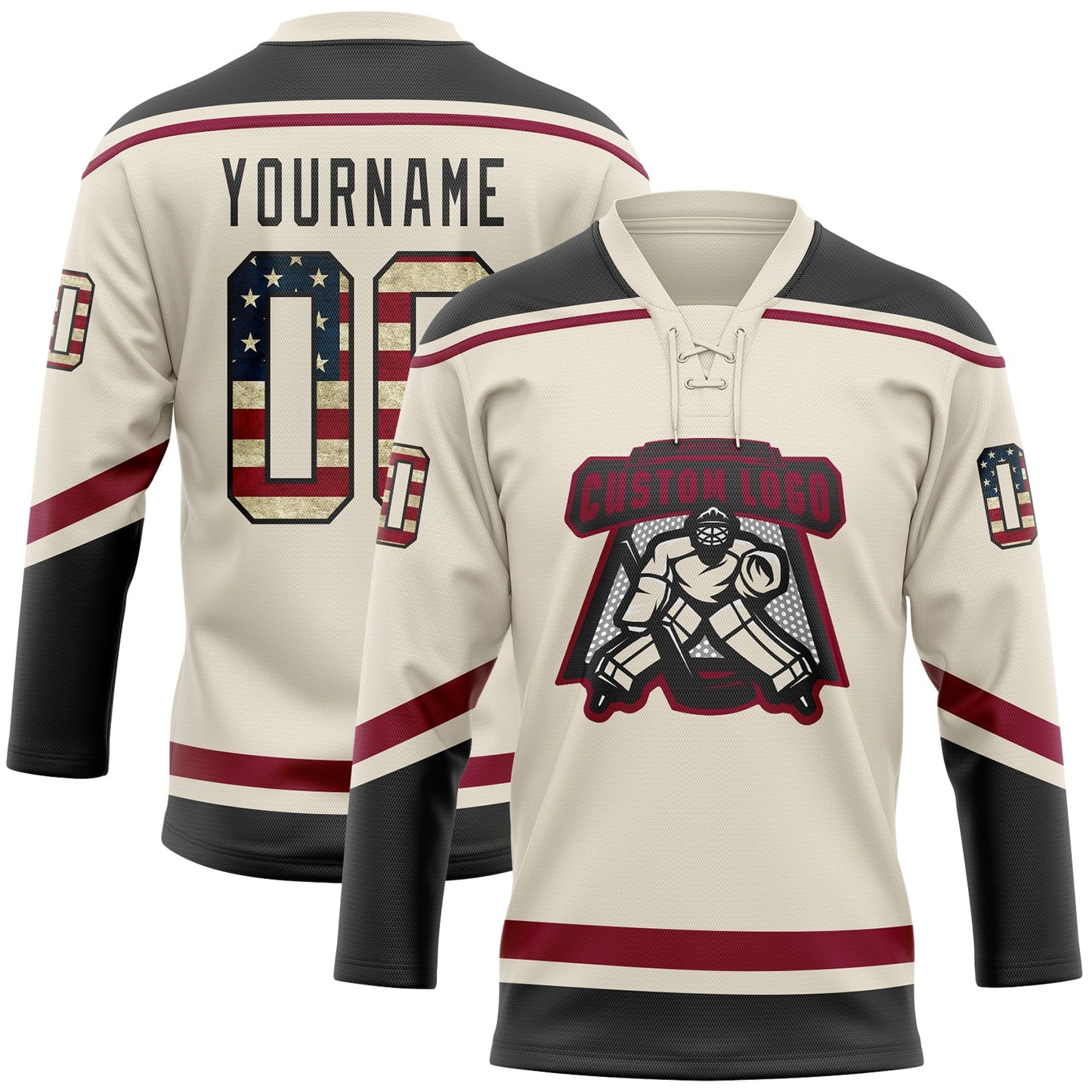 Custom Cream Vintage USA Flag Black-Maroon Hockey Lace Neck Jersey view 2