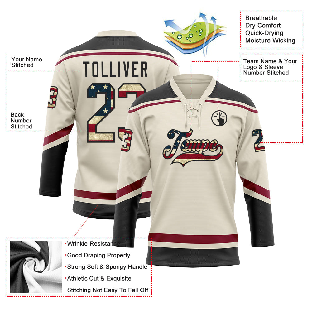 Custom Cream Vintage USA Flag Black-Maroon Hockey Lace Neck Jersey view 3