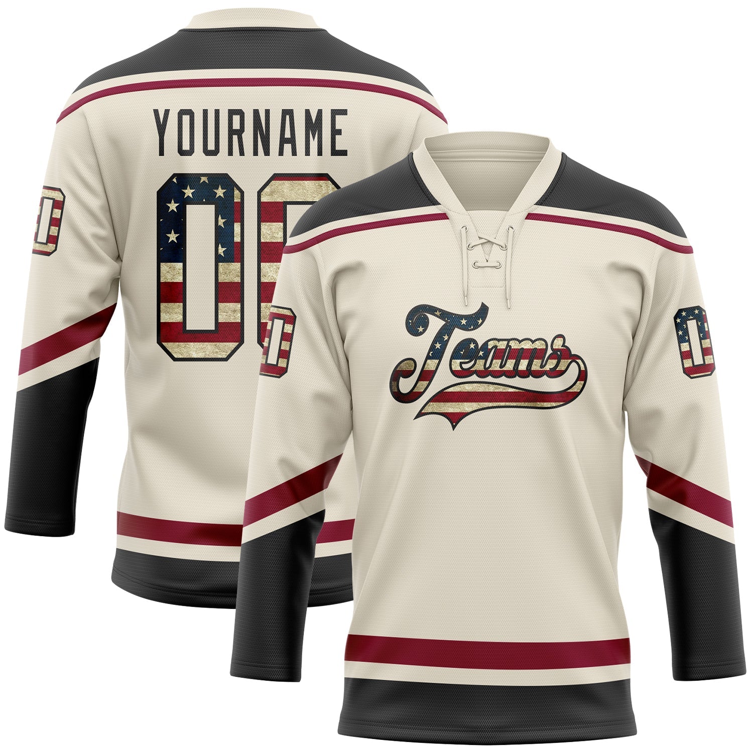 Custom Cream Vintage USA Flag Black-Maroon Hockey Lace Neck Jersey - Main View