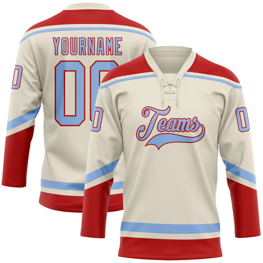 Custom Cream Light Blue-Red Hockey Lace Neck Jersey - Main View