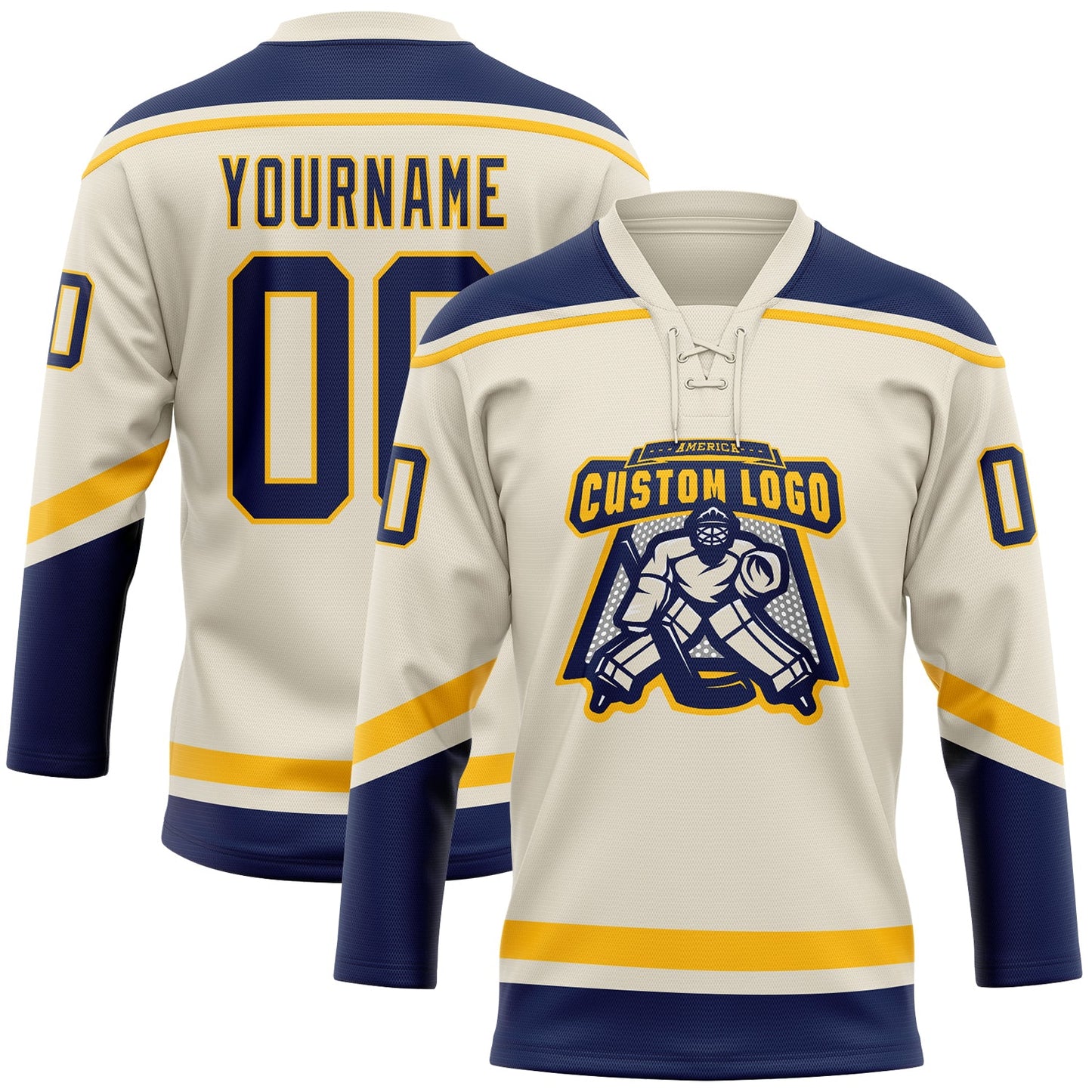 Custom Cream Navy-Gold Hockey Lace Neck Jersey view 2