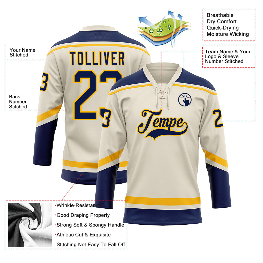 Custom Cream Navy-Gold Hockey Lace Neck Jersey view 3