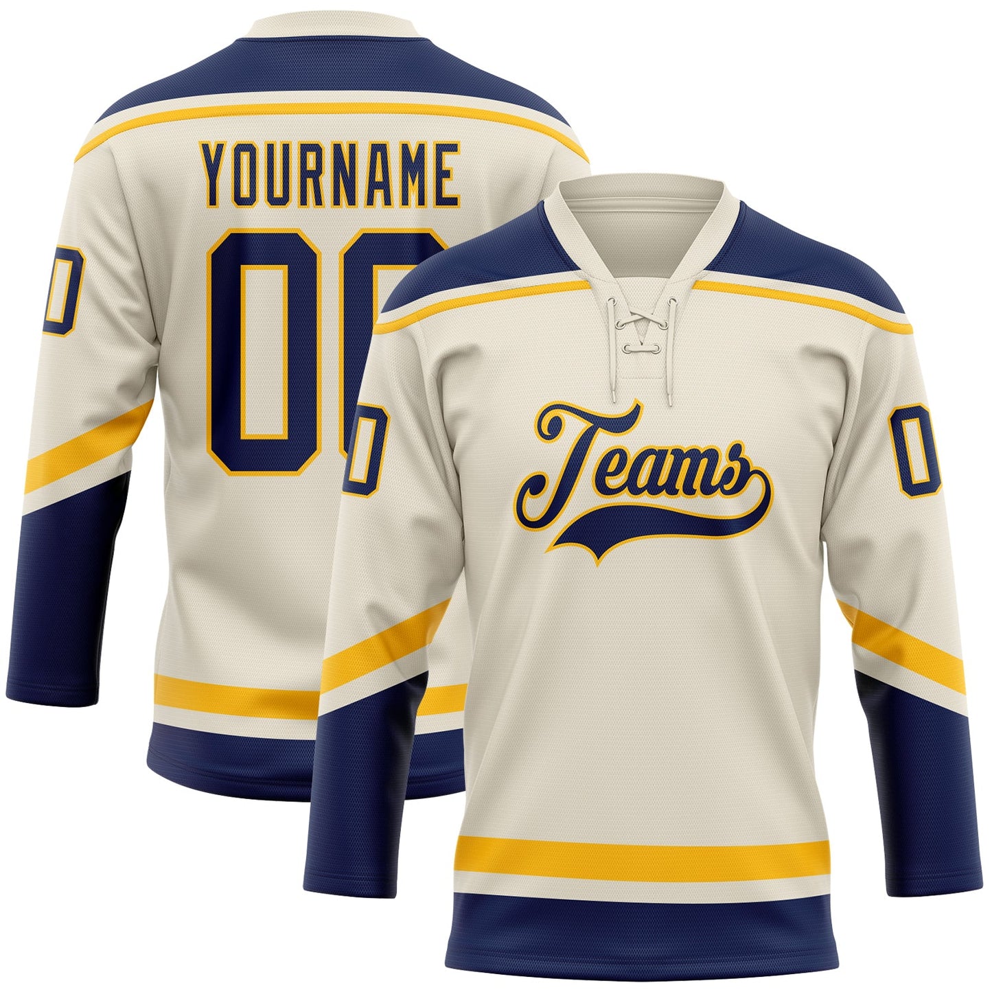 Custom Cream Navy-Gold Hockey Lace Neck Jersey - Main View