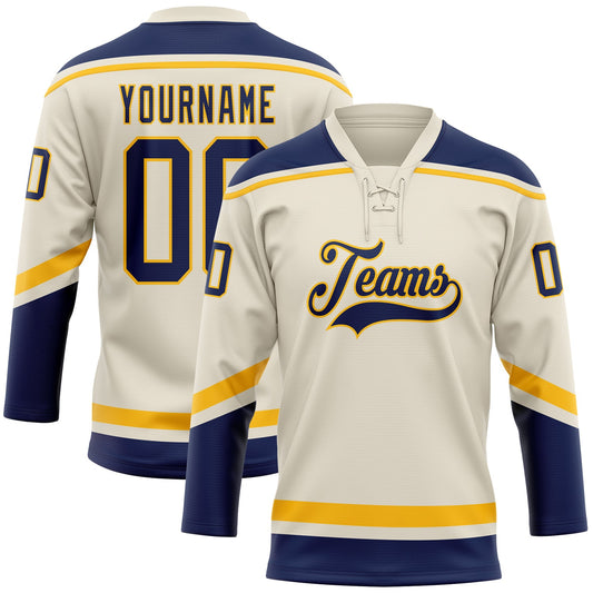Custom Cream Navy-Gold Hockey Lace Neck Jersey - Main View