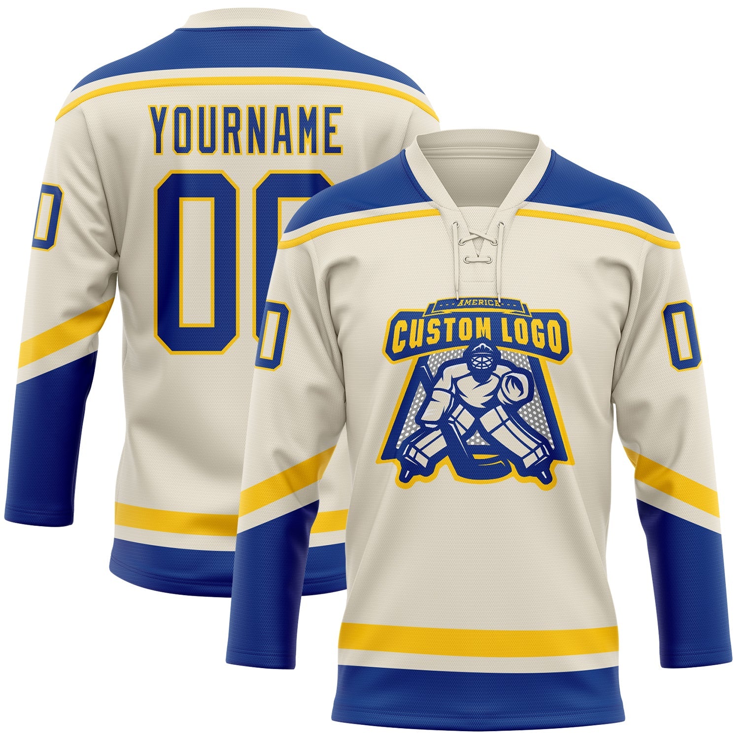 Custom Cream Royal-Yellow Hockey Lace Neck Jersey view 2