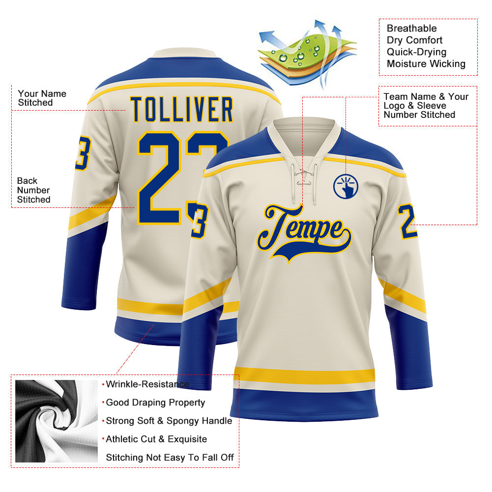 Custom Cream Royal-Yellow Hockey Lace Neck Jersey view 3