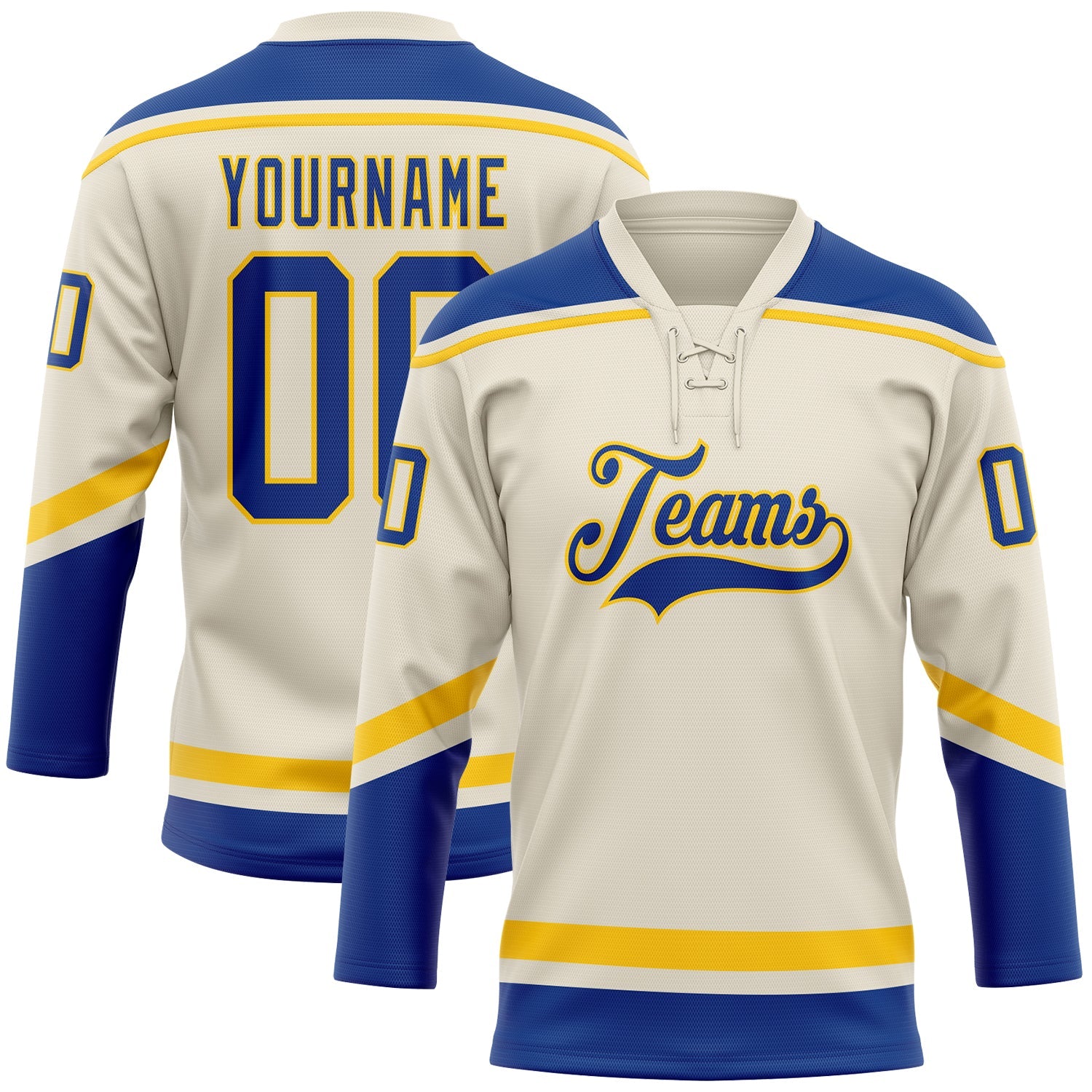 Custom Cream Royal-Yellow Hockey Lace Neck Jersey - Main View