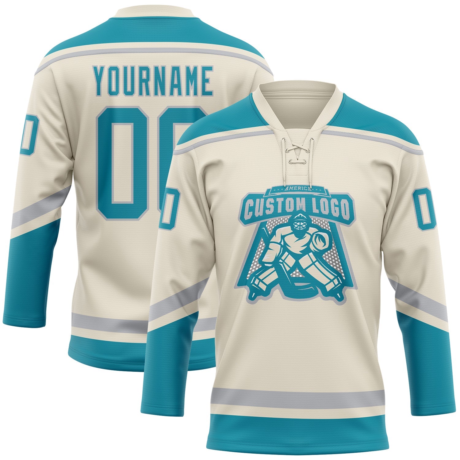 Custom Cream Teal-Gray Hockey Lace Neck Jersey view 2
