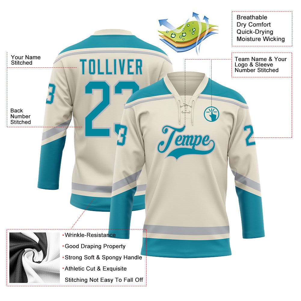 Custom Cream Teal-Gray Hockey Lace Neck Jersey view 3