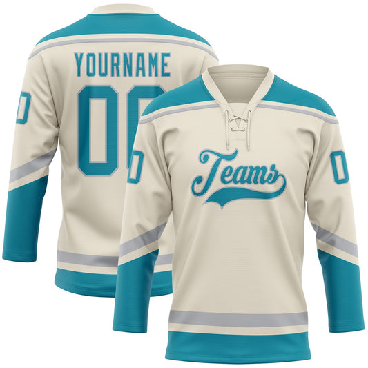 Custom Cream Teal-Gray Hockey Lace Neck Jersey - Main View