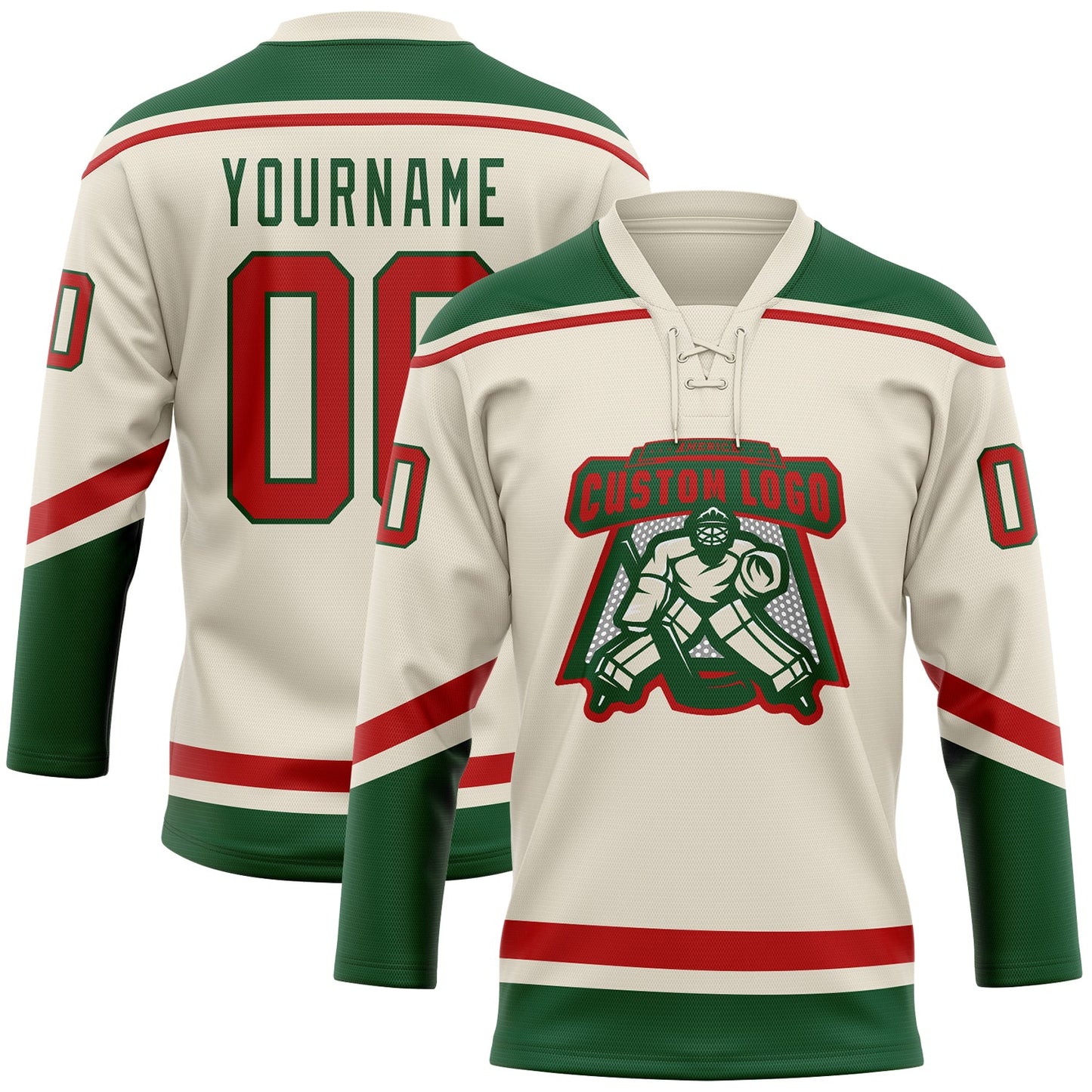 Custom Cream Red-Green Hockey Lace Neck Jersey view 2