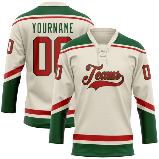 Custom Cream Red-Green Hockey Lace Neck Jersey - Main View