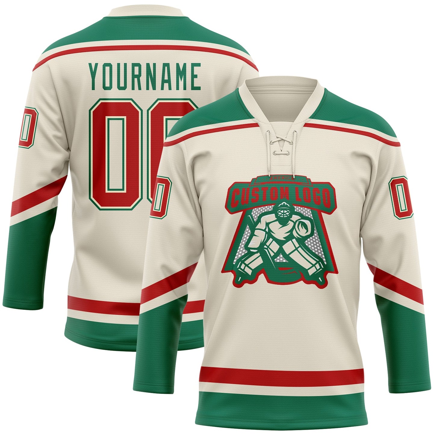 Custom Cream Red-Kelly Green Hockey Lace Neck Jersey view 2
