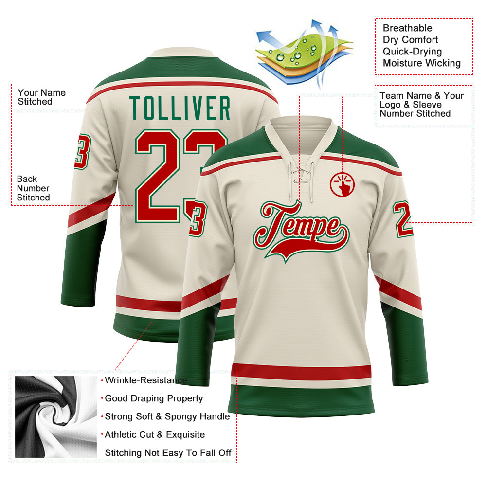 Custom Cream Red-Kelly Green Hockey Lace Neck Jersey view 3