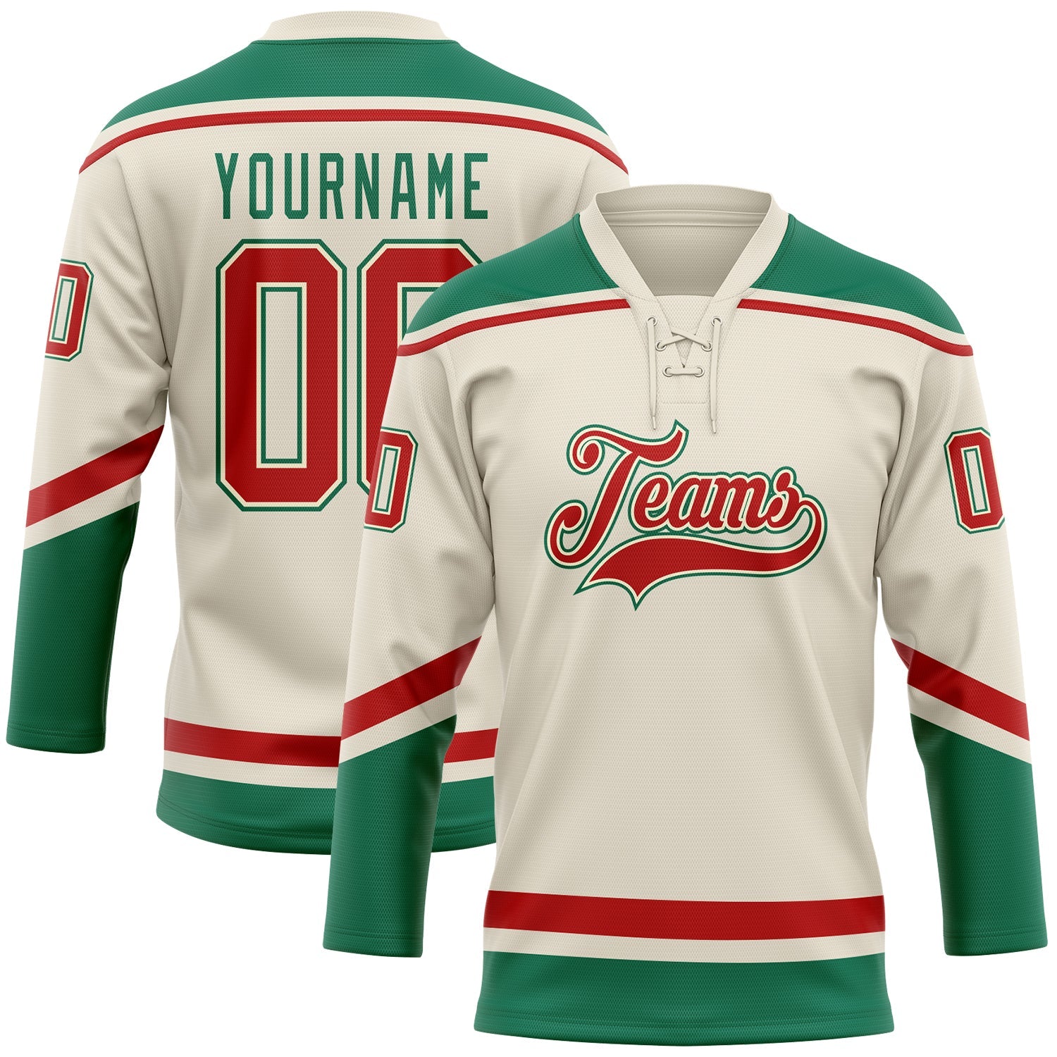 Custom Cream Red-Kelly Green Hockey Lace Neck Jersey - Main View