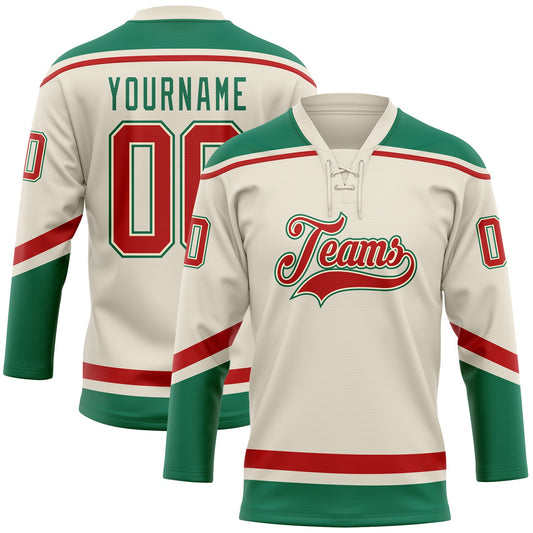 Custom Cream Red-Kelly Green Hockey Lace Neck Jersey - Main View