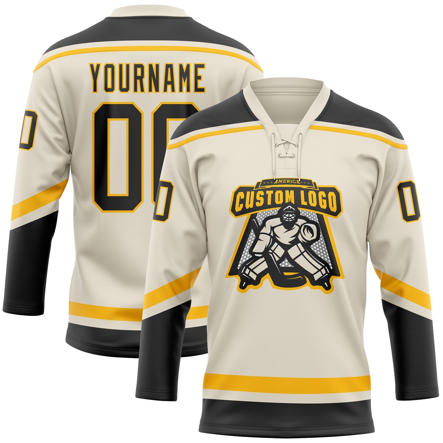 Custom Cream Black-Gold Hockey Lace Neck Jersey view 2