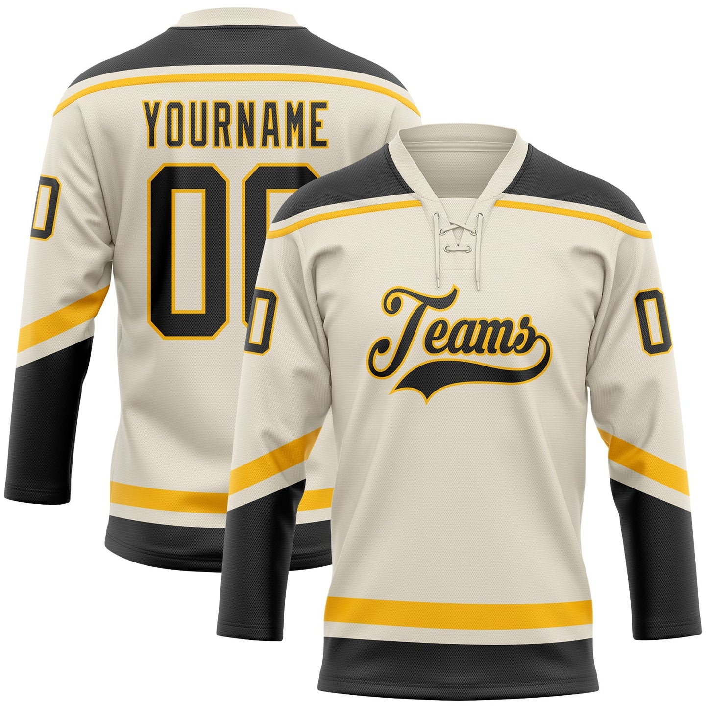 Custom Cream Black-Gold Hockey Lace Neck Jersey - Main View