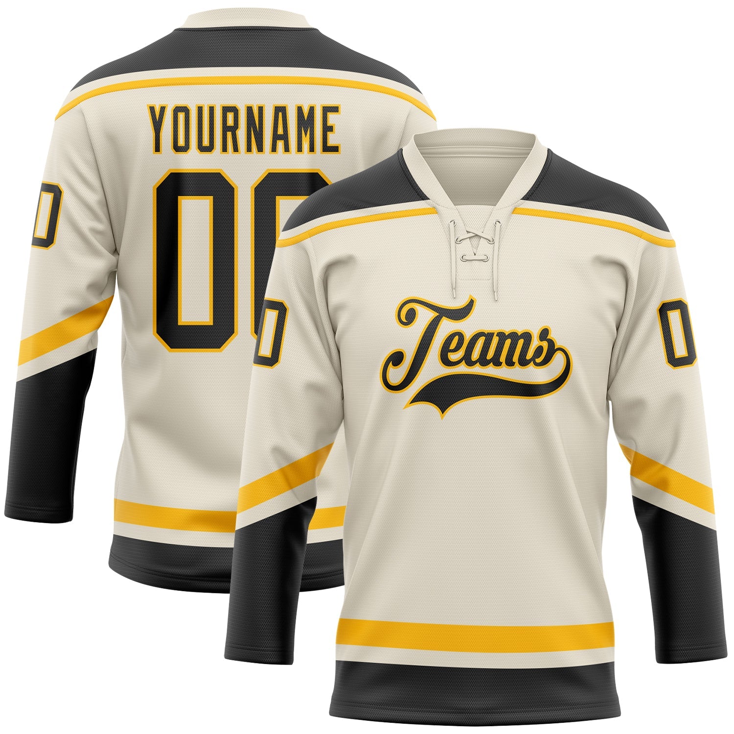 Custom Cream Black-Gold Hockey Lace Neck Jersey - Main View
