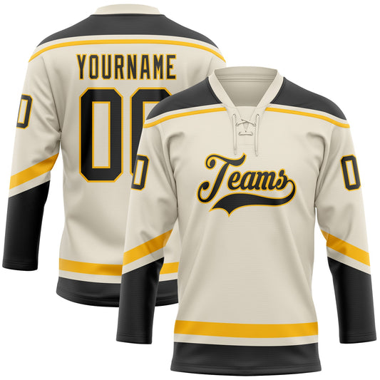 Custom Cream Black-Gold Hockey Lace Neck Jersey - Main View