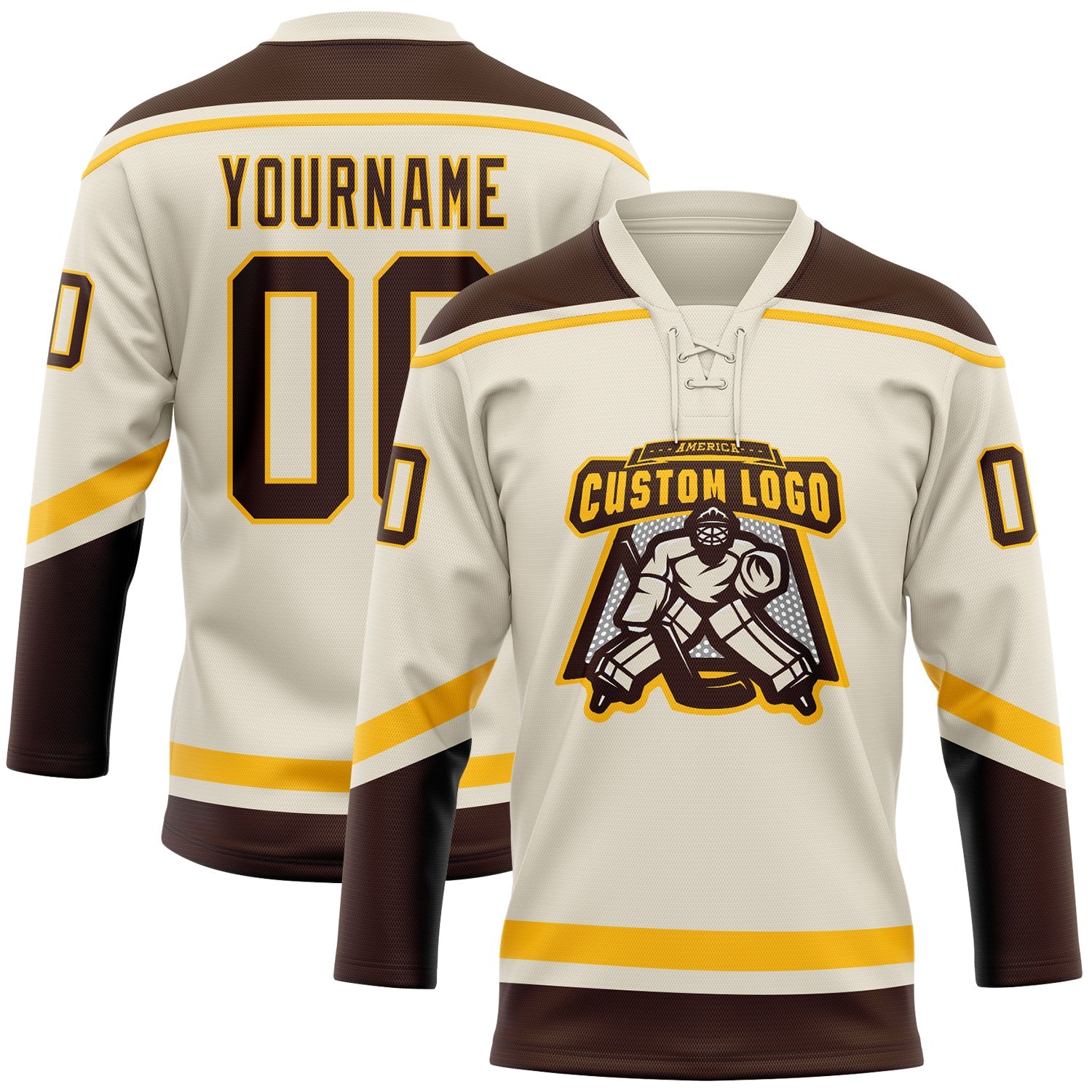 Custom Cream Brown-Gold Hockey Lace Neck Jersey view 2