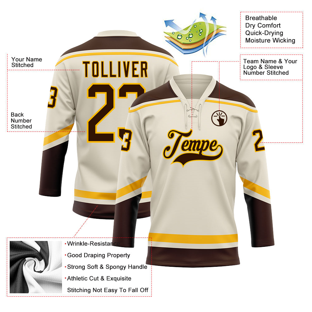 Custom Cream Brown-Gold Hockey Lace Neck Jersey view 3