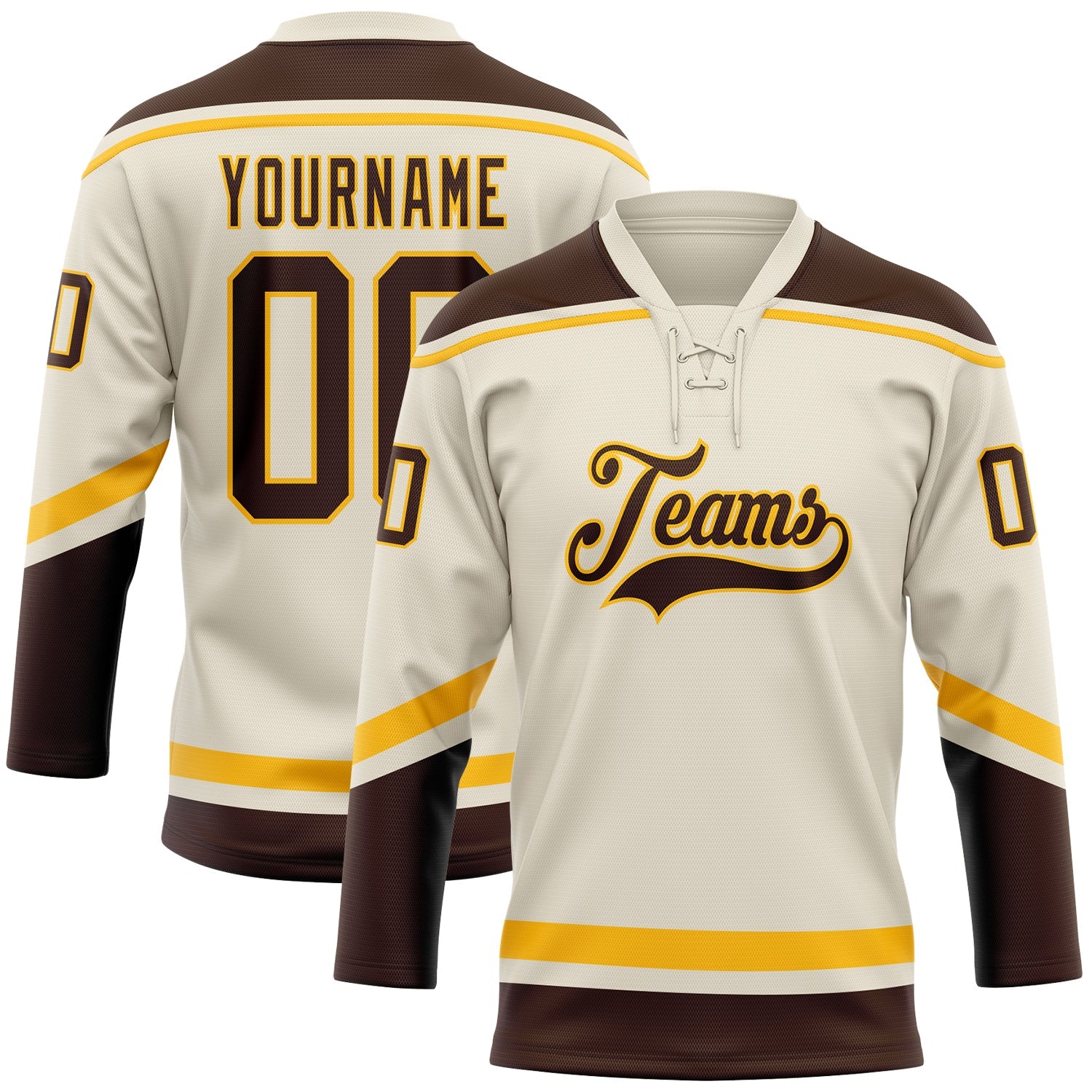 Custom Cream Brown-Gold Hockey Lace Neck Jersey - Main View