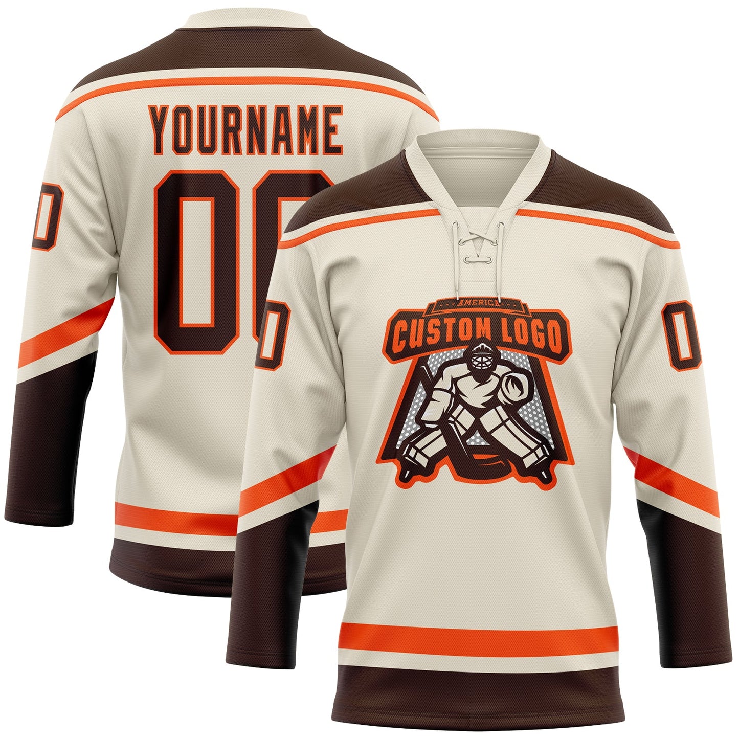 Custom Cream Brown-Orange Hockey Lace Neck Jersey view 2