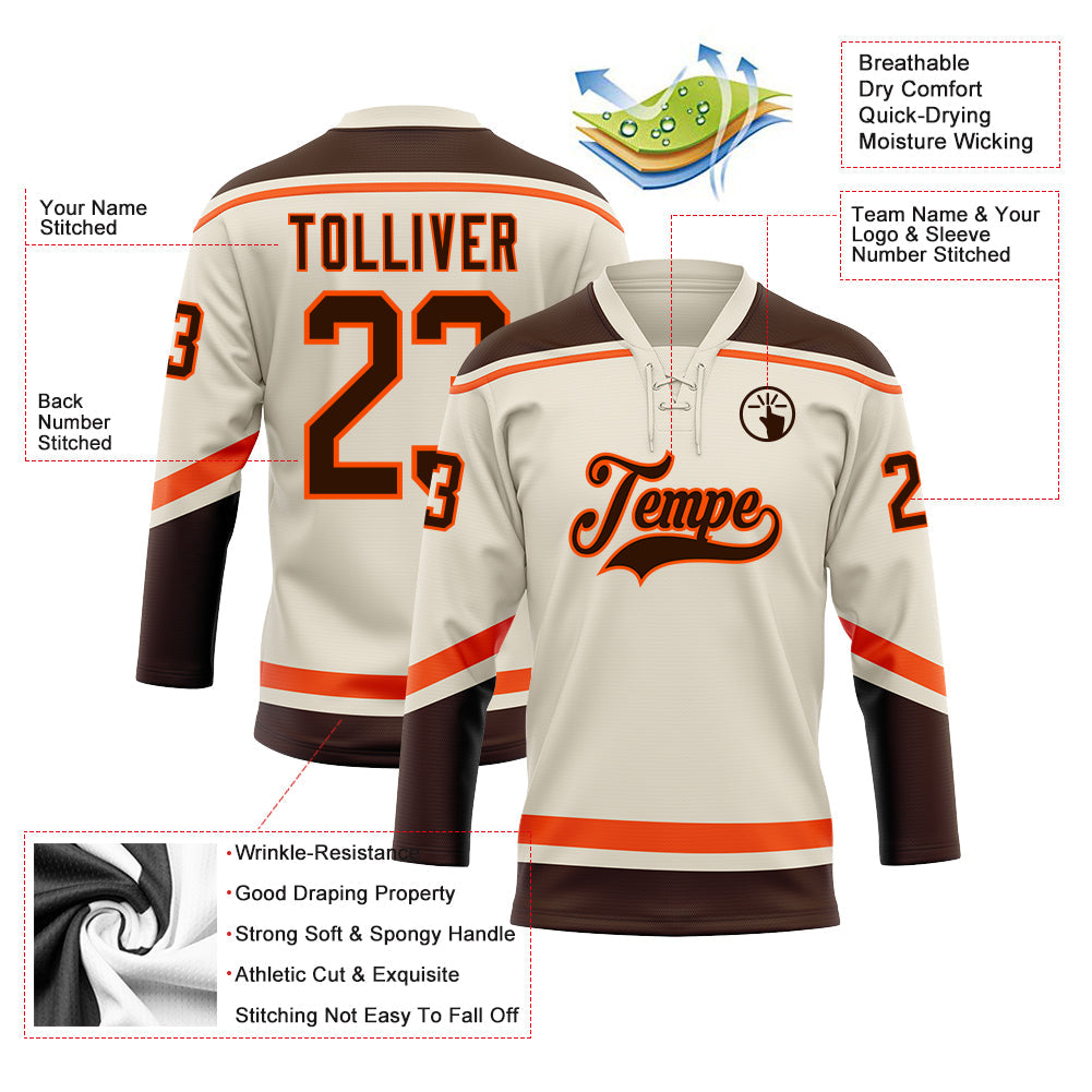 Custom Cream Brown-Orange Hockey Lace Neck Jersey view 3